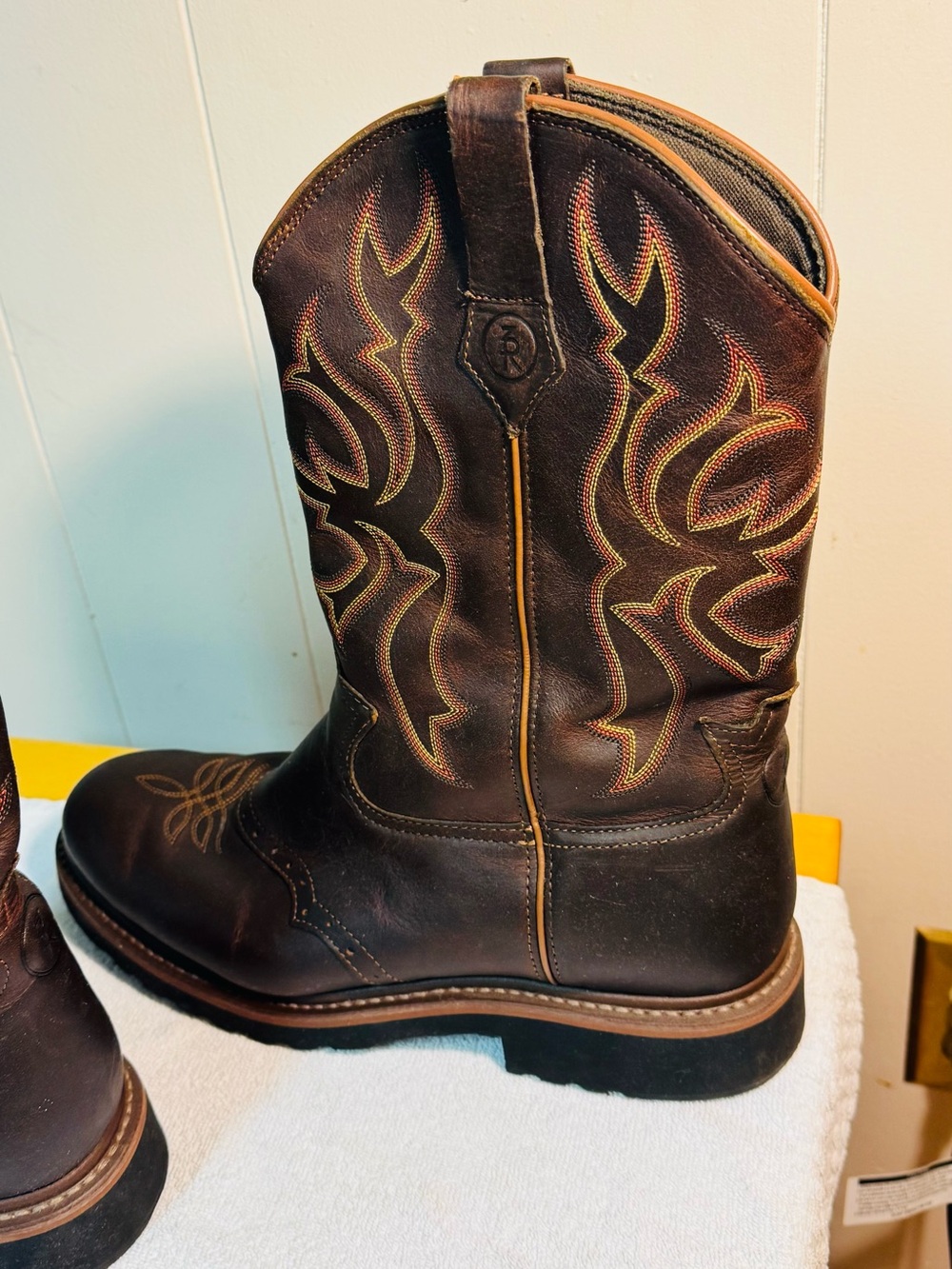 Men's Brown Leather Western Work Boots - Embroidered Shaft - Picture 11 of 11
